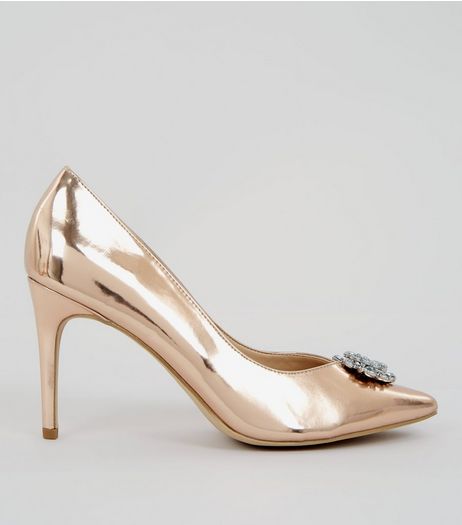 Rose Gold Metallic Crystal Front Heels | New Look