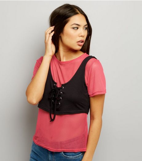 Innocence Bright Pink Mesh 2 in 1 Corset Top | New Look