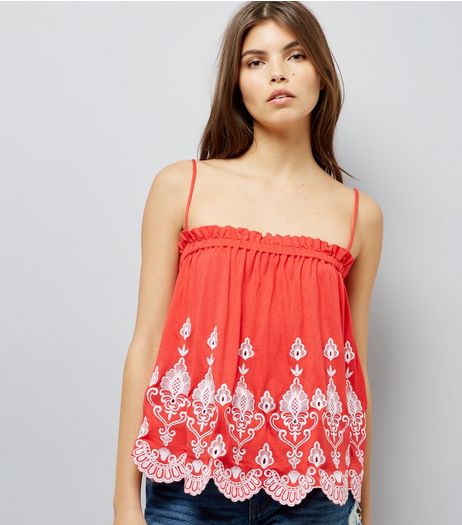 Red Contrast Embroidered Cami Top | New Look