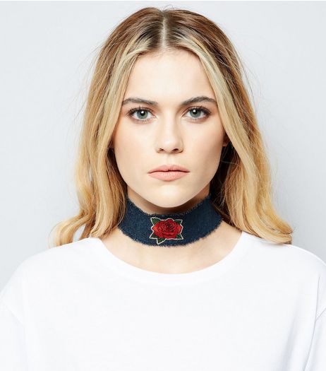 Blue Denim Rose Patch Choker | New Look