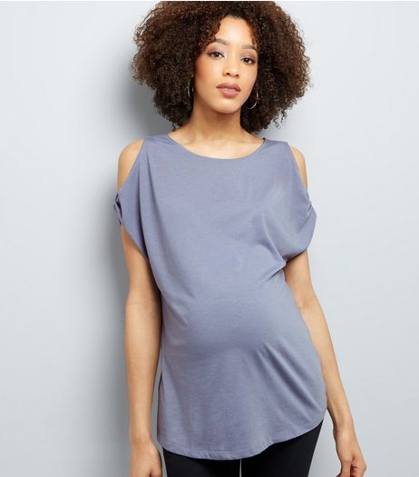 Maternity Blue Twist Sleeve Cold Shoulder T-Shirt | New Look