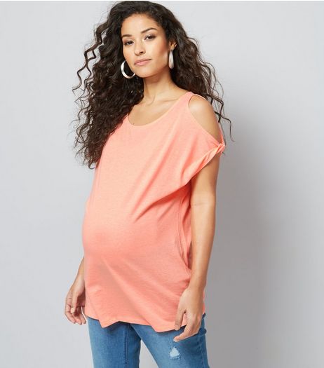 Maternity Coral Twist Sleeve Cold Shoulder T-Shirt | New Look