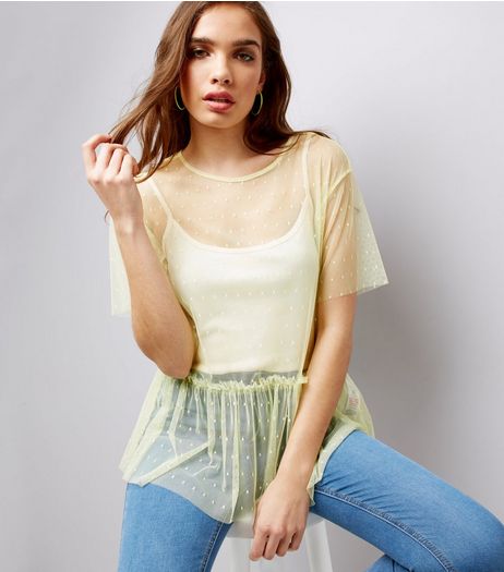 Yellow Spot Print Mesh Peplum Hem Top | New Look