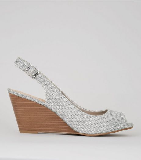 Silver Peep Toe Slingback Wedge Heels | New Look