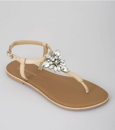 Wide Fit Nude Pink Leather Brooch Sandals | New Look