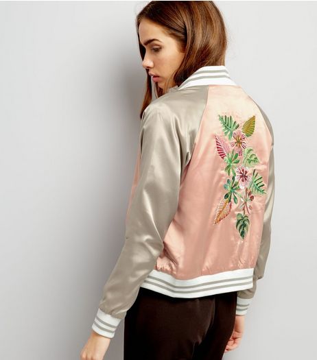Blue Vanilla Orange Sateen Floral Embroidered Bomber Jacket | New Look