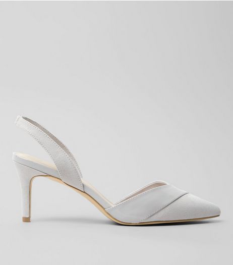 Wide Fit Grey Patent Trim Sling Back Heels | New Look
