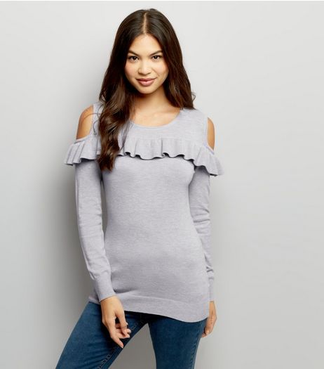 Blue Vanilla Grey Cold Shoulder Frill Trim Jumper | New Look