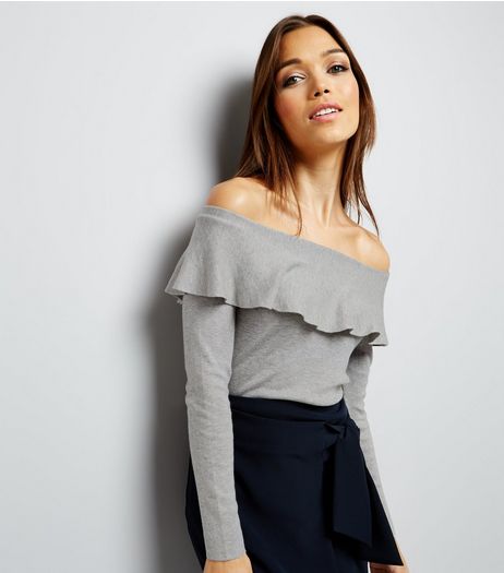 Blue Vanilla Grey Frill Trim Bardot Neck Top | New Look