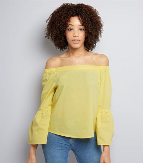 Yellow Flared Sleeve Bardot Neck Top | New Look