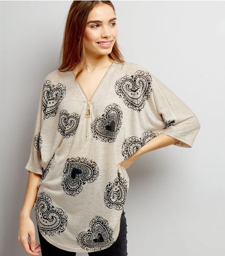 Blue Vanilla Stone Heart Print Zip Neck Top | New Look