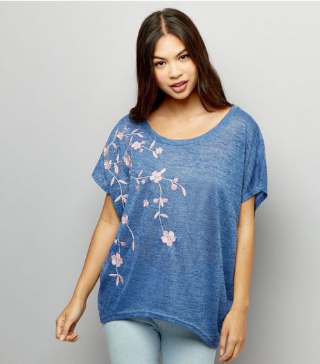 Blue Vanilla Blue Floral Embroidered T-Shirt | New Look
