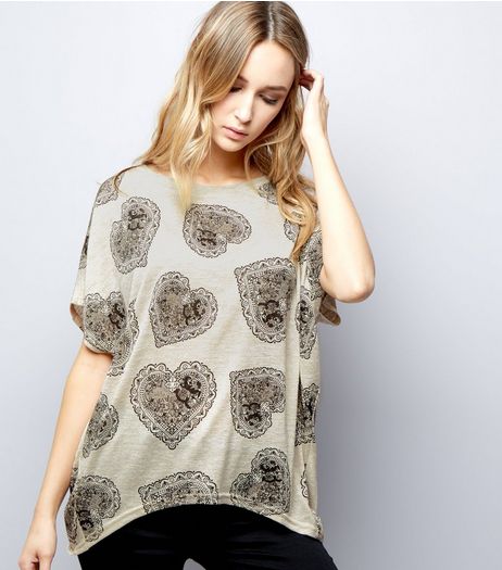 Blue Vanilla Stone Lace Heart Oversized Top | New Look