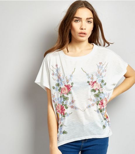 Blue Vanilla White Floral Embroidered Oversized T-Shirt | New Look