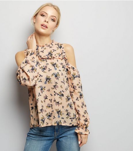 Blue Vanilla Coral Floral Cold Shoulder Frill Trim Top | New Look