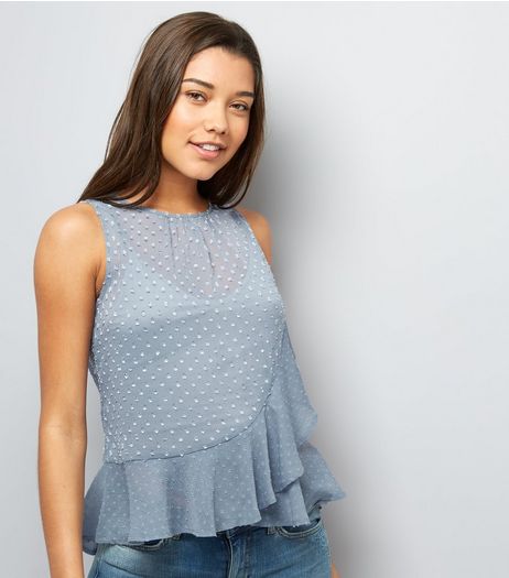 Blue Spot Print Frill Trim Chiffon Top | New Look