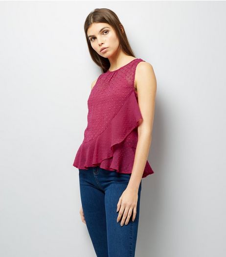Deep Pink Spot Print Frill Trim Chiffon Top | New Look