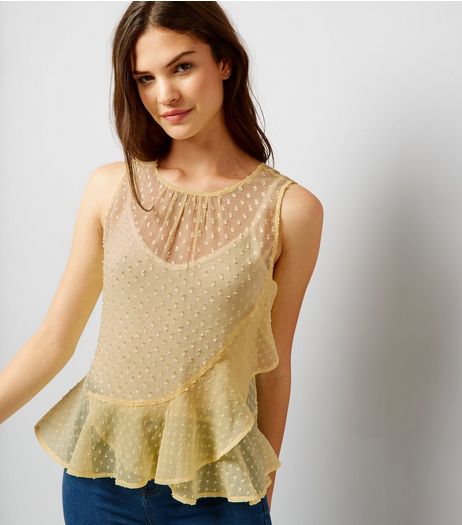 Yellow Spot Print Frill Trim Chiffon Top | New Look