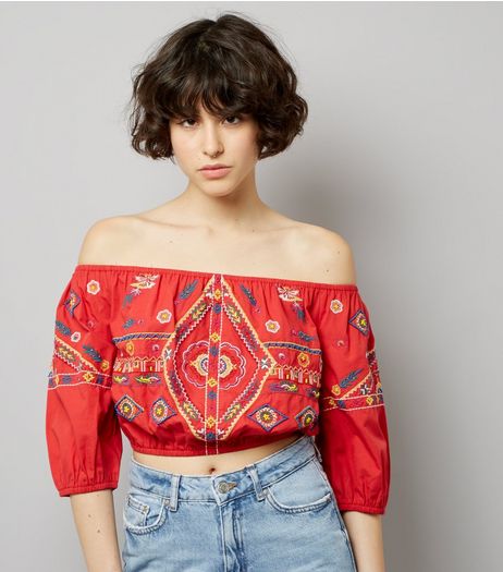 Red Embroidered Bardot Neck Crop Top | New Look