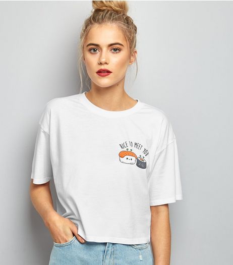 White Rice To Meet You Print Boyfriend T-Shirt | New Look