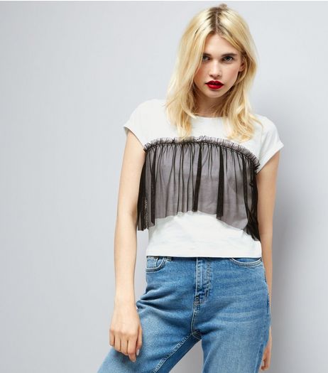 White Mesh Frill Trim T-Shirt | New Look