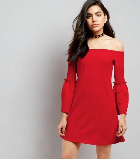 Innocence Red Bardot Neck Frill Sleeve Dress | New Look
