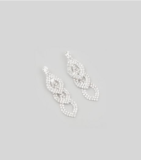 Silver Diamante Teardrop Chain Earrings | New Look