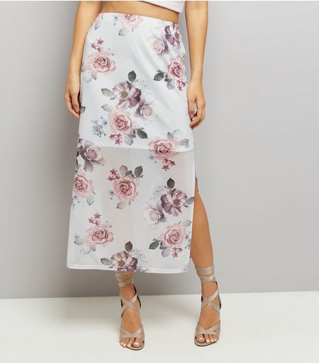 Grey Floral Print Split Side Midi Skirt | New Look