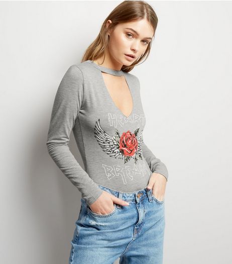 Cameo Rose Grey Choker Neck Heart Breaker Bodysuit | New Look