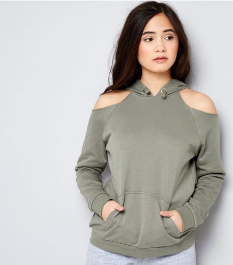 Teens Khaki Cold Shoulder Hoodie | New Look