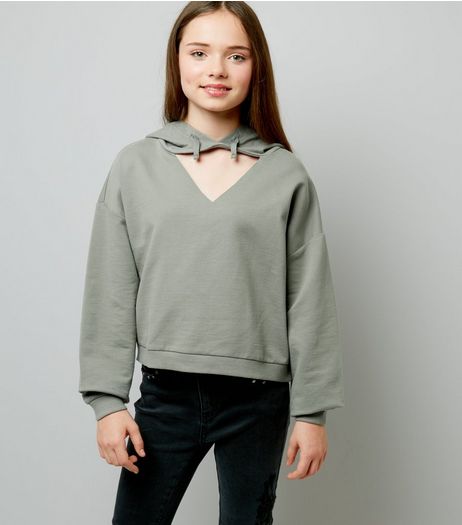 Teens Khaki Cut Out Front Hoodie | New Look