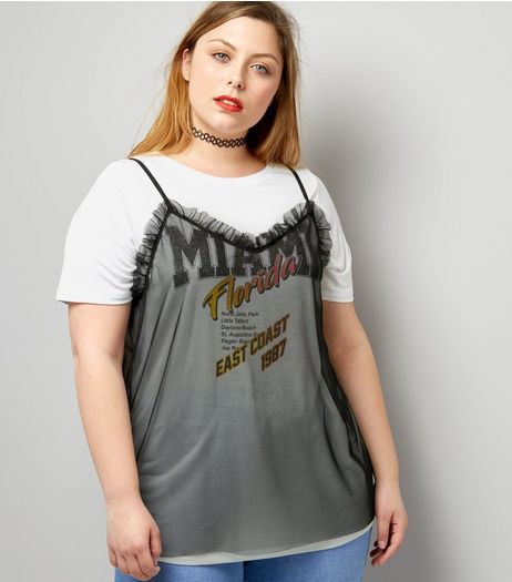 Curves White 2 in 1 Miami Logo Mesh Cami Top | New Look