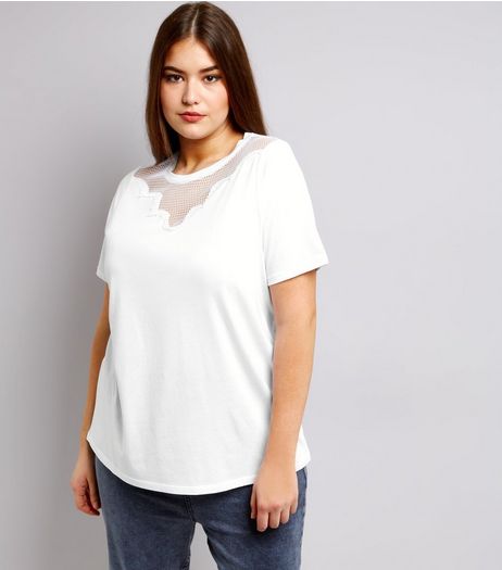 Curves White Mesh Yoke T-Shirt | New Look