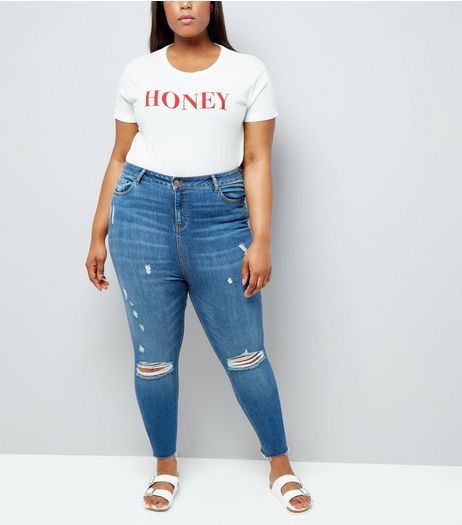 Curves Blue Ripped High Waist Skinny Jeans | New Look