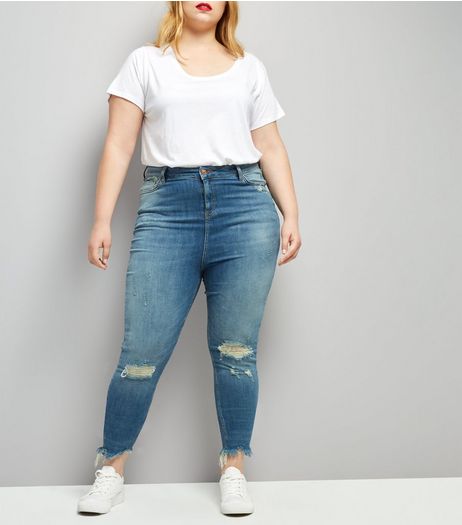 Curves Blue Ripped Angled Hem Skinny Jenna Jeans | New Look