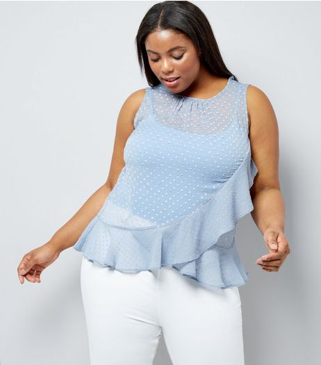 Curves Pale Blue Frill Trim Chiffon Top | New Look