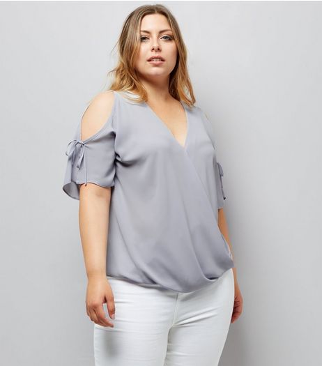 Curves Wrap Front Cold Shoulder Tie Sleeve Top | New Look