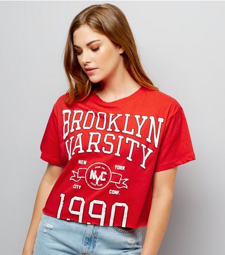 Red Brooklyn Varsity Printed Cropped T-Shirt | New Look