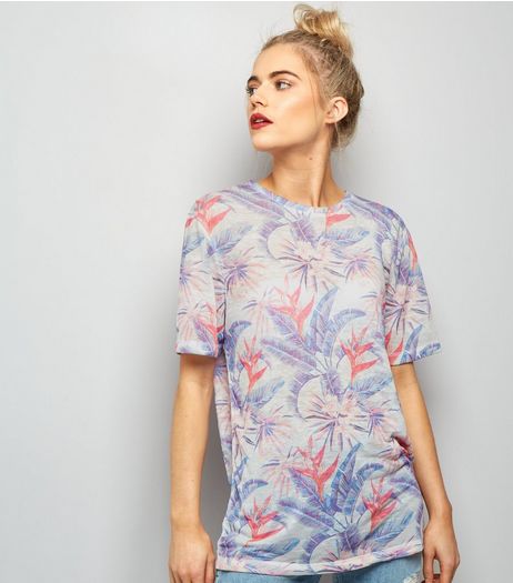 Pale Grey Tropical Print Burnout Oversized T-Shirt | New Look