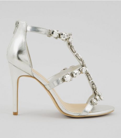Silver Chunky Crystal Embellished T Bar Heels | New Look