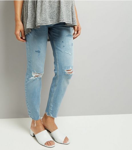 Maternity Blue Under Bump Ripped Relaxed Skinny Jeans | New Look