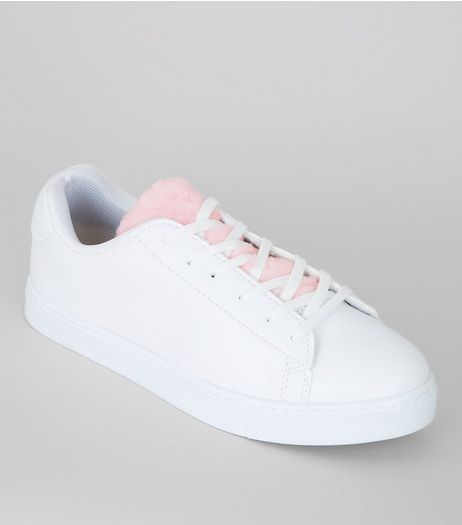 White Faux Fur Tongue Trainers | New Look