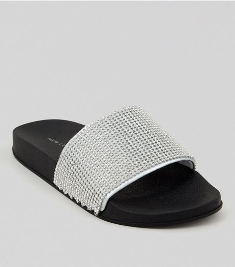 Silver Diamante Pool Sliders | New Look