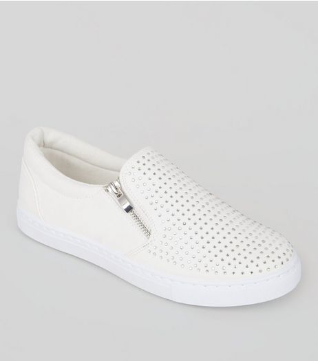 White Diamante Embellished Zip Plimsolls | New Look