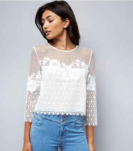 Tall White Spot Mesh Lace Detail Top | New Look