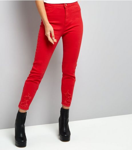 Red High Waisted Ripped Skinny Hallie Jeans | New Look