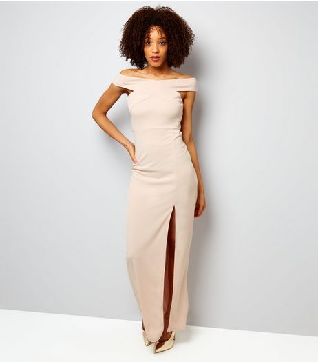 AX Paris Shell Pink Bardot Neck Slip Side Maxi Dress | New Look