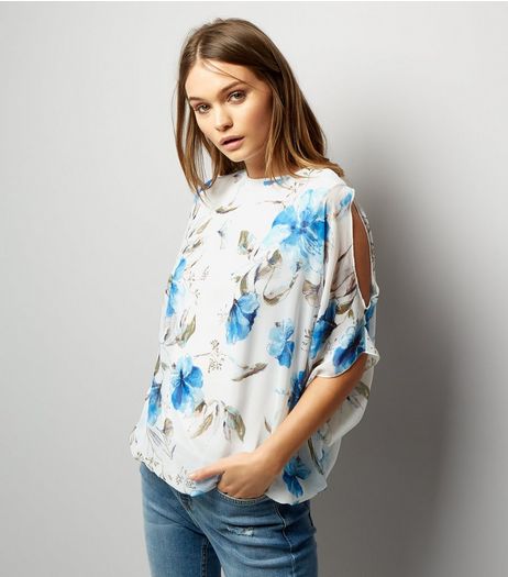 Blue Vanilla Blue Floral Chiffon Cold Shoulder Top | New Look