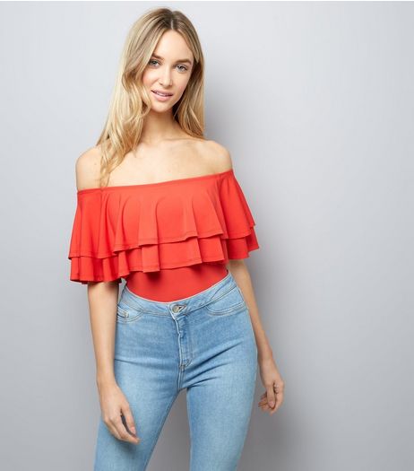 Red Layered Frill Trim Bardot Neck Bodysuit | New Look
