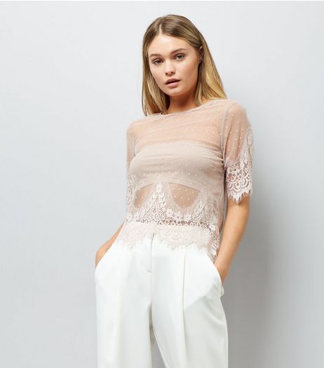 Shell Pink Spot Print Mesh Lace Trim T-Shirt | New Look